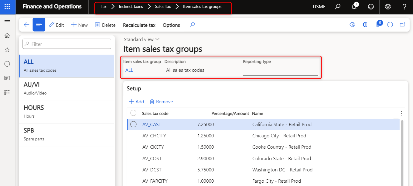 Item sales tax group