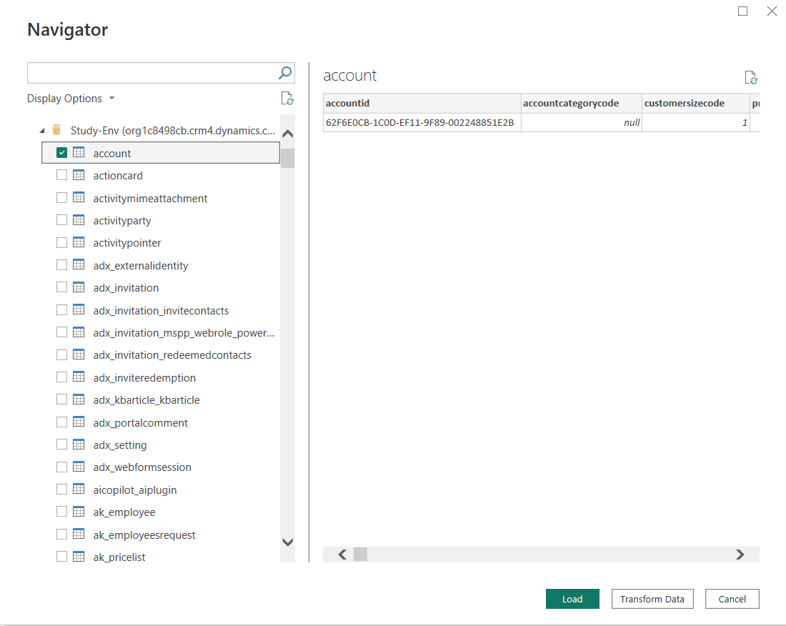 choose the dataverse entities