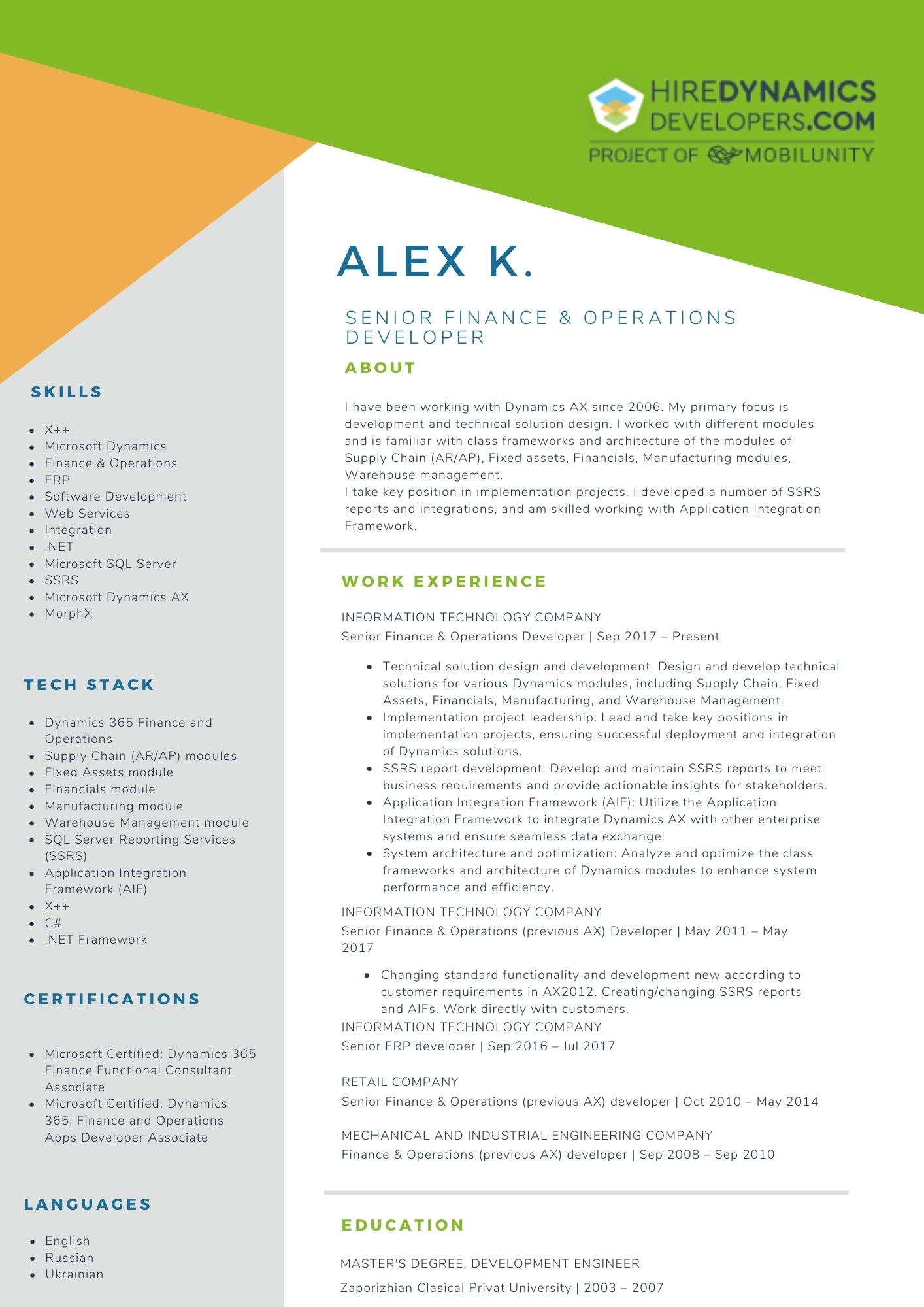 Alex K Senior Finance & Operations developer