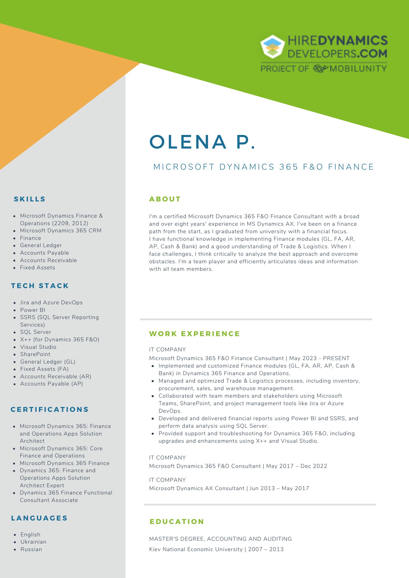 Olena P Microsoft Dynamics 365 F&O Finance