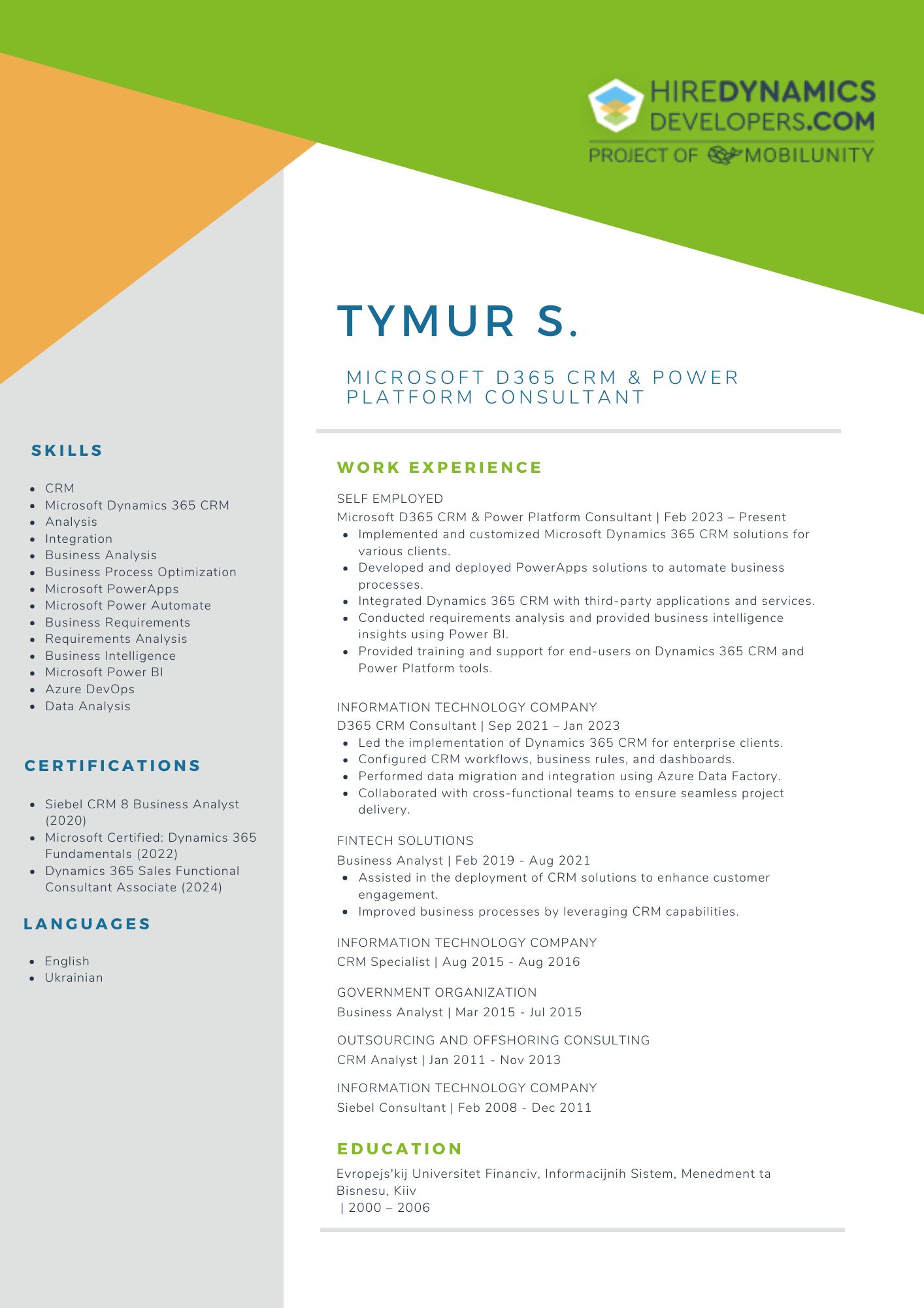 Tymur S. – Microsoft D365 CRM and Power Platform Specialist