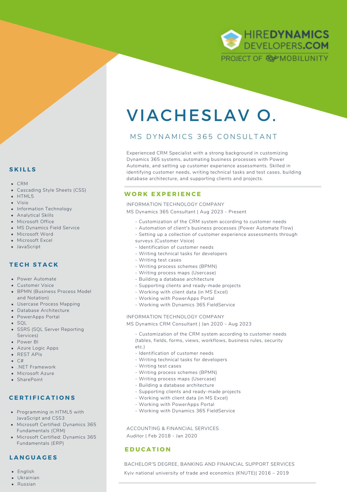 Viacheslav O MS Dynamics 365 Consultant