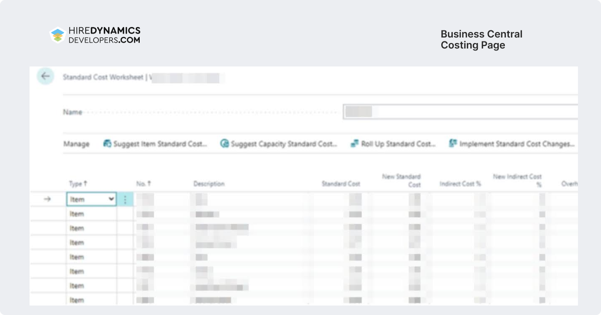 business central costing page