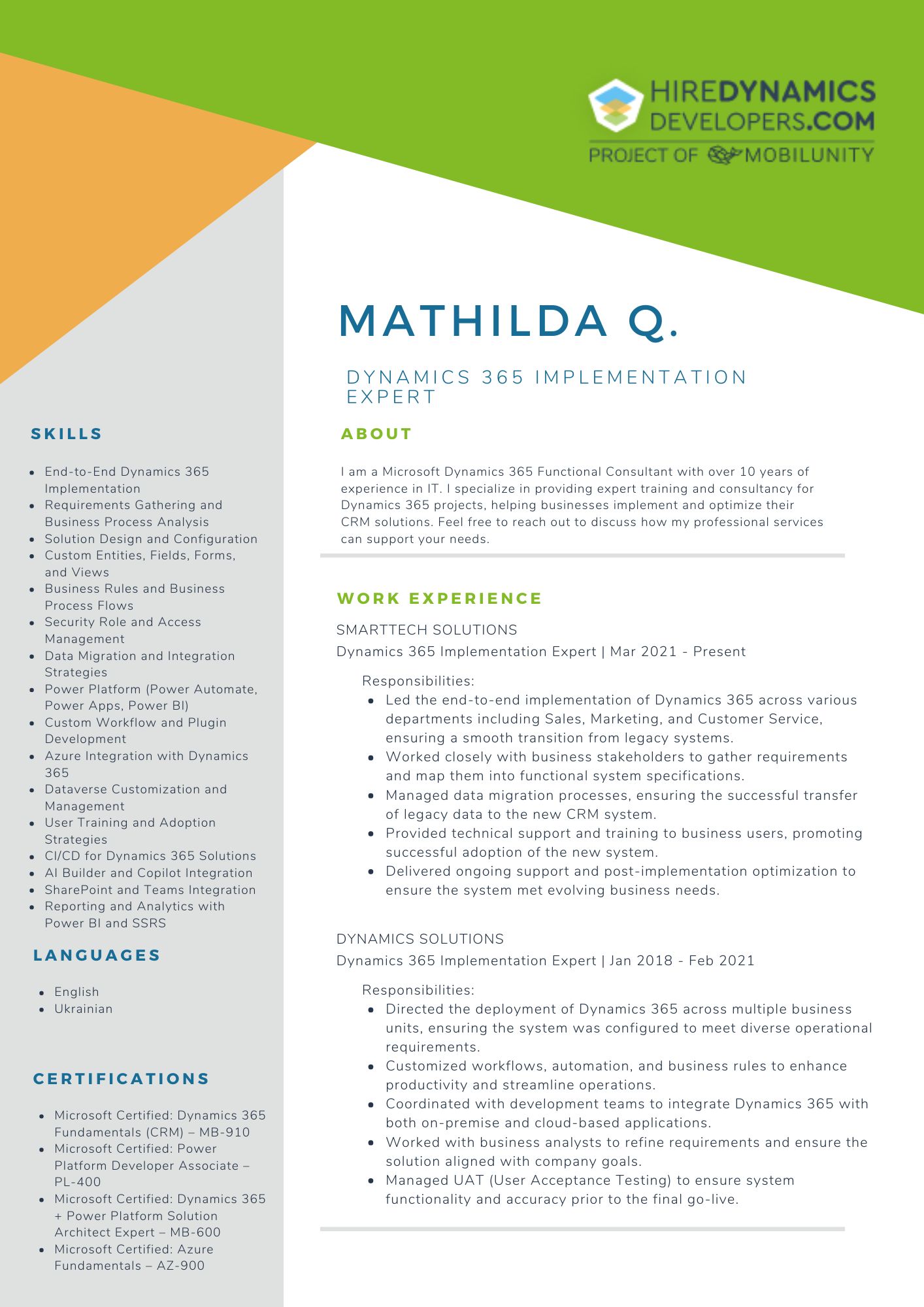 Mathilda Q. – Dynamics 365 Implementation Expert